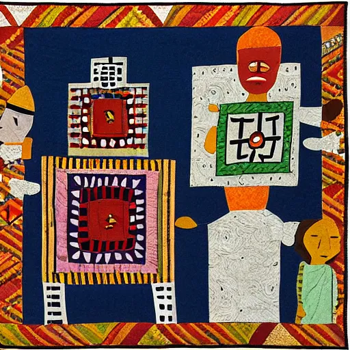 Prompt: folk art quilt showing a twitter argument, museum of modern art, new york