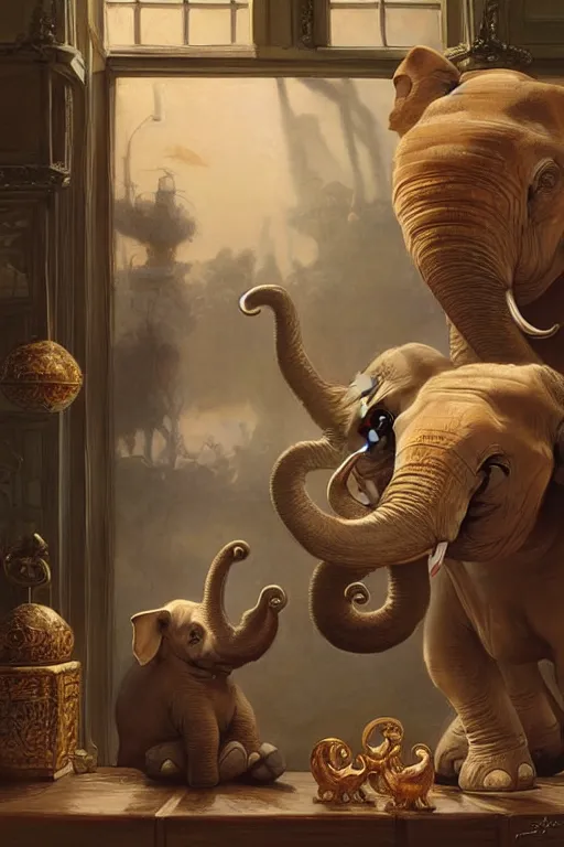 Prompt: one elephant in a porcelain shop, cgsociety, oil painting by justin gerard