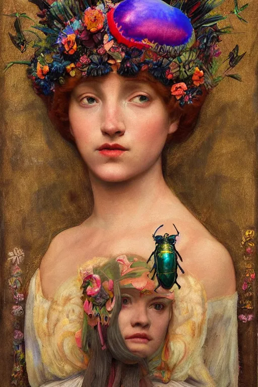 Image similar to queen of summer, by Annie Swynnerton, and Nicholas Roerich and Tino Rodriguez , elaborate headdress and embroidered velvet, iridescent beetles, rich color, dramatic cinematic lighting, extremely detailed, featured on artstation