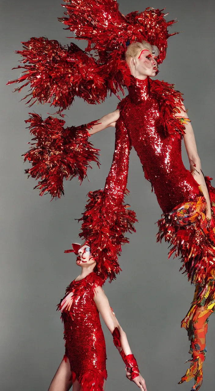 Prompt: photo from a fashion shoot, a female fashion character design wearing a red sequined bodysuit, alexander mcqueen headdress, costume by eiko ishioka, haute couture, steven outram, colorful and psychedelic