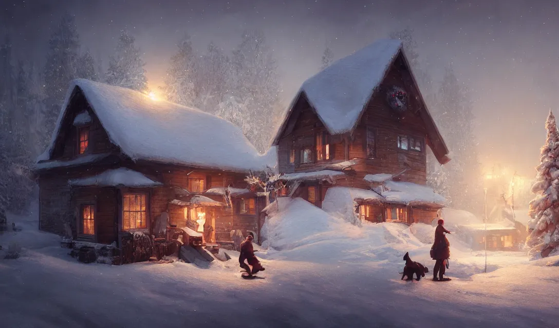 Image similar to a christmas eve photorealistic painting, cozy home, interior, sci - fi, wlop, concept art, octane render, deviantart, greg rutkowski, cinematic, key art, hyperrealism