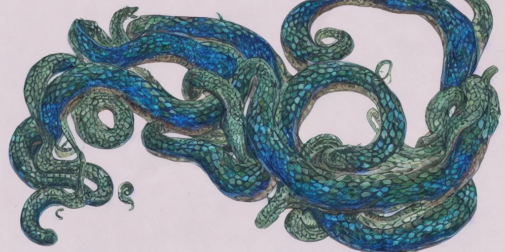 Prompt: queen of snakes, crown of vines, pale blue skin, emerald eyes, sapphire scales