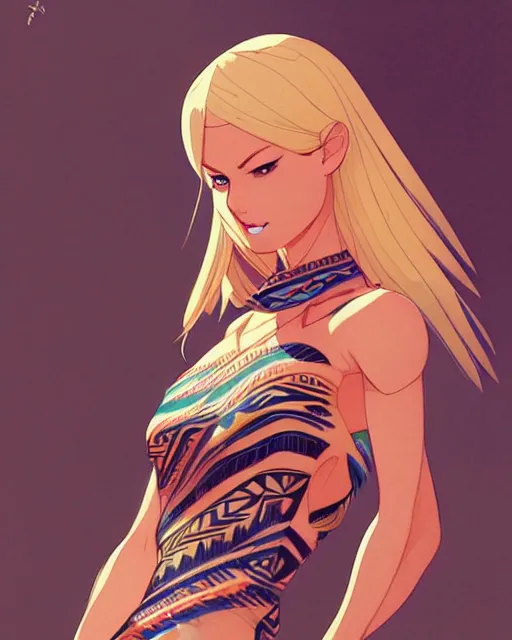 Image similar to blond woman in a tribal ripped dress, by artgerm, by studio muti, greg rutkowski makoto shinkai takashi takeuchi studio ghibli