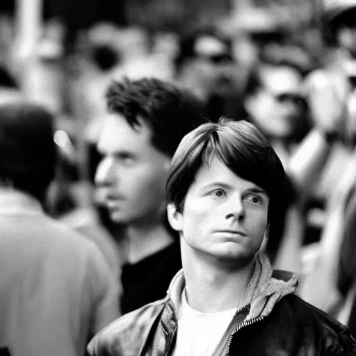 Prompt: film still, 5 0 mm, a masterpiece portrait photo of marty mcfly in a los angeles crowd, circa 1 9 9 9, sharp focus and narrow depth of field