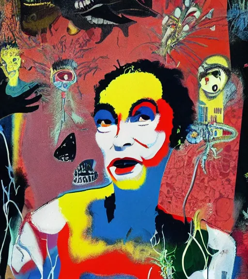 Prompt: acrylic painting of a bizarre nightmare woman in front of an aquarium in tokyo, mixed media collage by basquiat and jackson pollock, maximalist magazine collage art, retro psychedelic illustration, 1 9 2 0 s