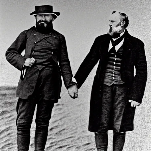 Image similar to Ulysses S. Grant and Robert E. Lee holding hands and walking on the beach, smiling, sunset