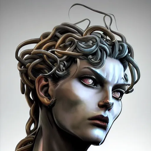 Prompt: a mech version of medusa bust, very symmetrical, highly detailed, by vitaly bulgarov, by joss nizzi, by ben procter, by steve jung, concept art, quintessa, metal gear solid, transformers, concept art world, pinterest, artstation, unreal engine