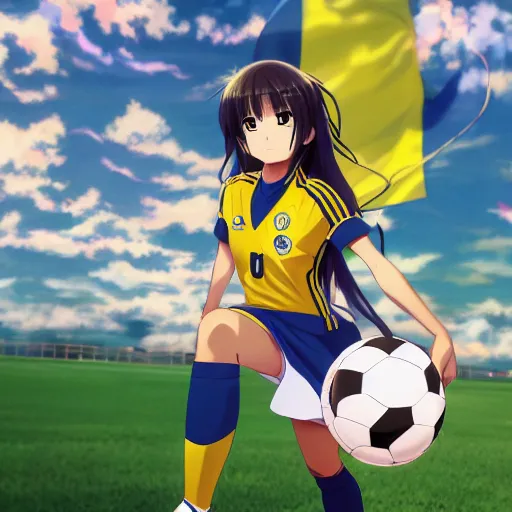 Prompt: Anime girl wearing the National Colombian Soccer Team uniform , Artwork by Makoto Shinkai, official media, 8k, pixiv, high definition, wallpaper, hd, digital artwork