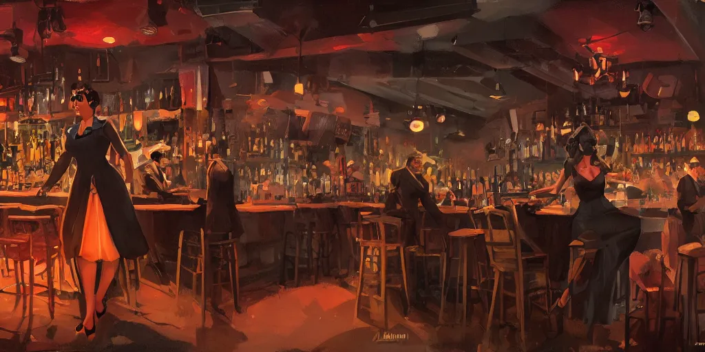 Image similar to a powerful woman is at the bar of a 4 0 s jazz club, warm color palette, night time, dramatic lighting, noir film, character sheet, fine details, high contrast, blacksad, kim jung gi, greg rutkowski, trending on artstation, 8 k, front view, back view, ultra wide angle