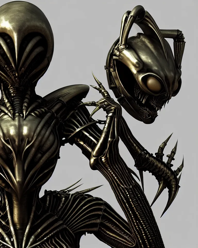 Prompt: epic portrait of alien queen in ring armour by giger and elvgren epic octane vfx maya render