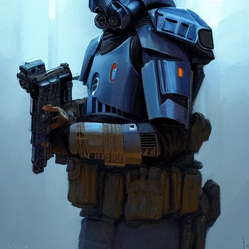 Image similar to star wars concept art by greg rutkowski, soldier wearing a blue and black tactical gear, highly detailed portrait, digital painting, artstation, concept art, smooth, sharp foccus ilustration, artstation hq