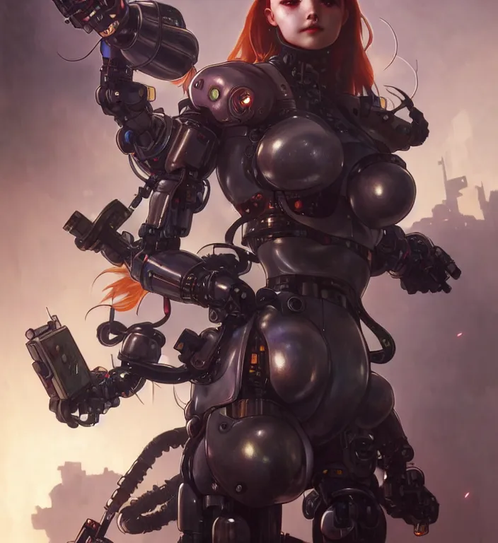 Image similar to full body painting of chuu loona cyberpunk mercenary smiling and fighting a robot, ultra realistic, concept art, intricate details, eerie, highly detailed, photorealistic, octane render, 8 k, unreal engine. art by artgerm and greg rutkowski and magali villeneuve and alphonse mucha