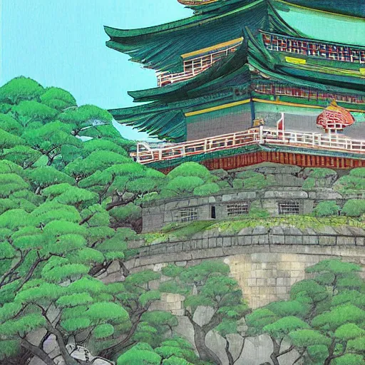 Prompt: japanese fortress in a city inside the forest by studio ghibli painting