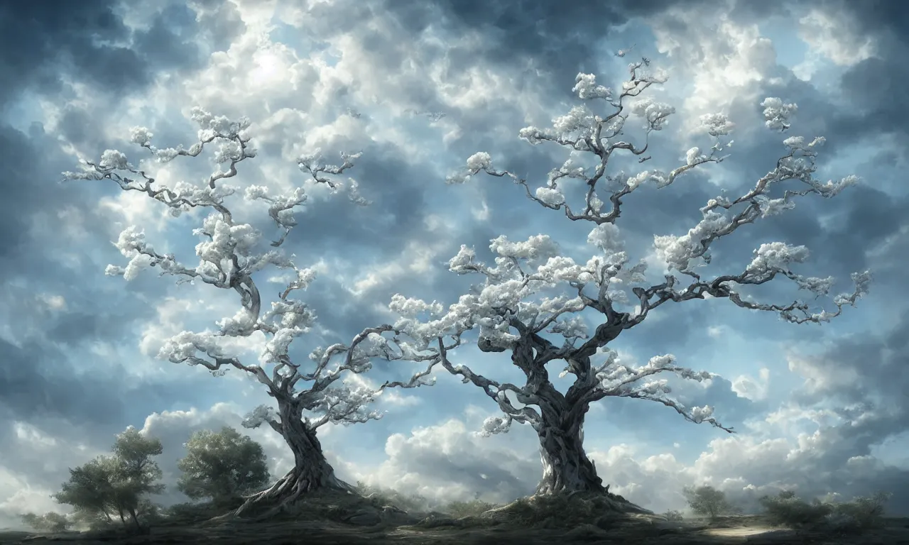 Prompt: a beautiful digital painting of a marble tree made of clouds, intricate white branches and birds flying in the sunlight, blue sky at sunset, elegant, highly detailed, artstation, concept art, matte, sharp focus, art by tom bagshaw, kelogsloops and greg rutkowski