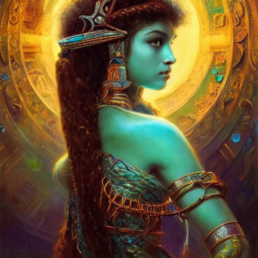 Image similar to artstation, intricate details, hyper details, by gaston bussiere, tan skin sumerian mystic lady of elche, egyptian sumerian features, techno mystic princess intergalactica, with aqua neon rapunzel dreadlocks,