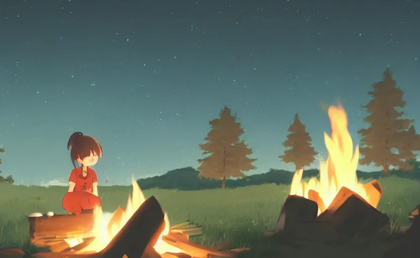 Prompt: a lonely girl roasting a marshmallow over a campfire at night on the Appalachian Trail, warm and wholesome glow, anime scene by Makoto Shinkai, digital art, 4k