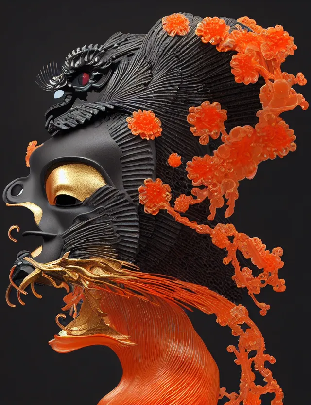 Image similar to 3 d goddess close - up profile portrait biomechanics with ram skull. beautiful intricately detailed japanese crow kitsune mask and clasical japanese kimono. betta fish, jellyfish phoenix, bio luminescent, plasma, ice, water, wind, creature, artwork by tooth wu and wlop and beeple and greg rutkowski. gold black teal and orange color scheme