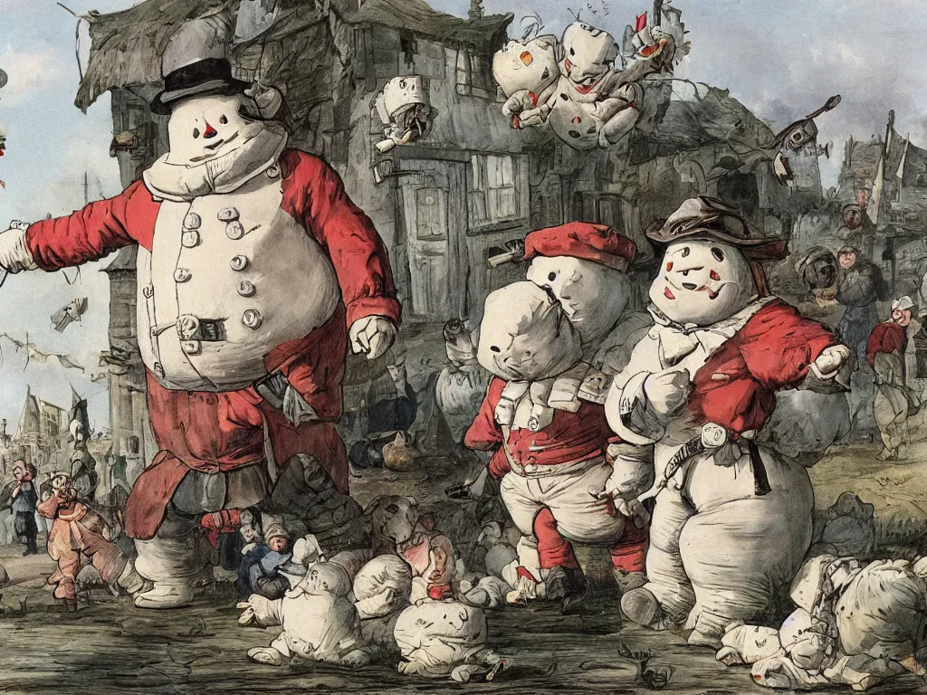Prompt: the staypuft marshmallow man terrorizes a small dutch village in the 18th century with silly hats and those pants that are amazingly puffy color lithography