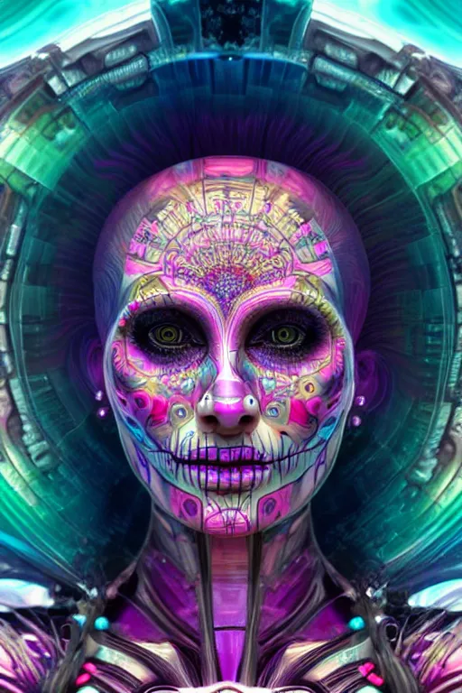 Image similar to ultra detailed female android deity, 8 k, still from a movie!!, flowerpunk, psychedelic vector art!!!, digital painting, sci - fi, fantasy, ( dia de los muertos ), asymmetrical,!! concept art, art by artgerm and giger and michael welan and alphonse mucha and loish and wlop