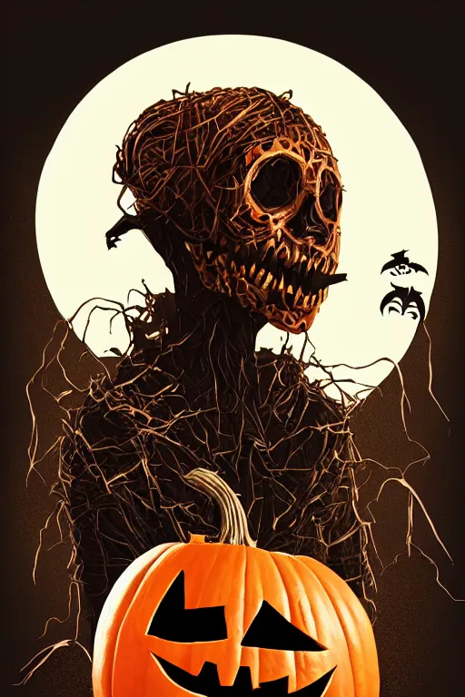 Image similar to a scarecrow with jack - o - lantern head, full body, big two toned eyes, halloween, horror, intricate details, cinematic, epic, realistic, anatomy, tomer hanuka, uplight, artstation, photorealistic, scary