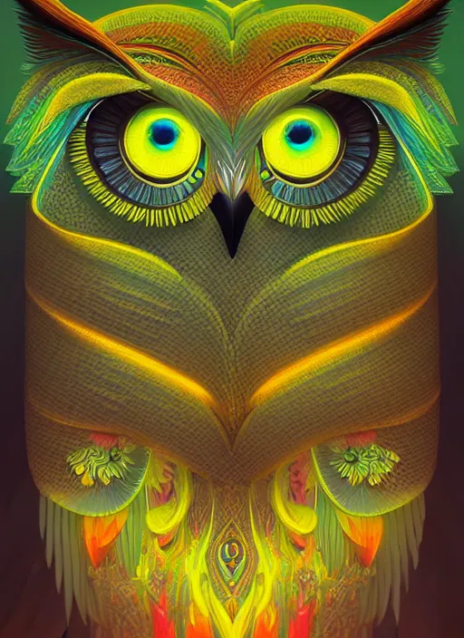 Image similar to symmetry!! product render poster vivid colors divine proportion owl, forest, glowing fog intricate, elegant, highly detailed, digital painting, artstation, concept art, smooth, sharp focus, illustration,