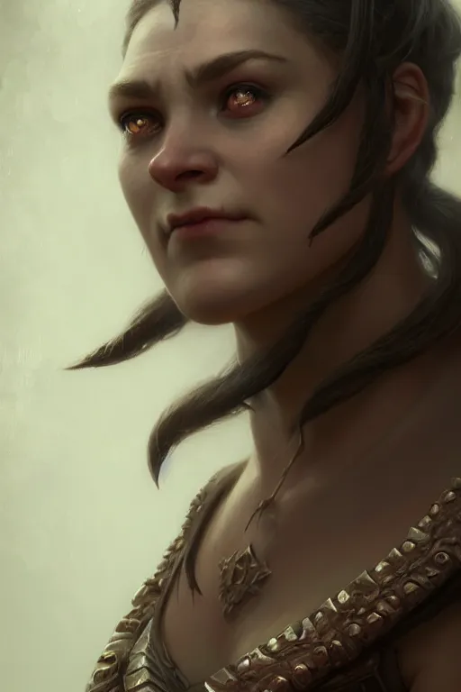 Image similar to a portrait of a female orc, bored, illustration, soft lighting, soft details, painting oil on canvas by Edmund Blair Leighton and Charlie Bowater octane render trending on artstation d&d characters, 4k, 8k, HD