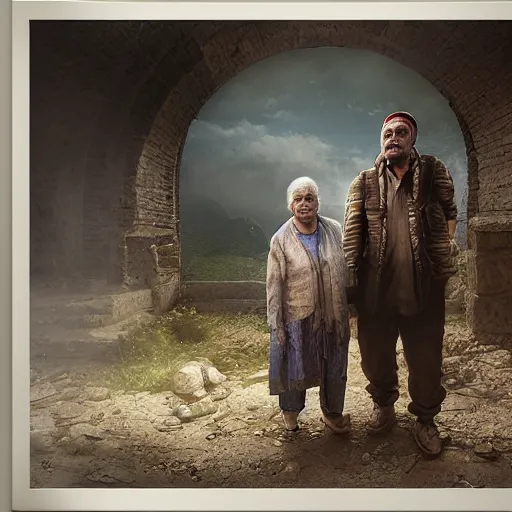 Prompt: hyperrealistic mixed media high resolution image of two Kurdish grandparents, stunning 3d render inspired art by István Sándorfi and Greg Rutkowski and Unreal Engine, perfect symmetry, dim volumetric lighting, 8k octane beautifully detailed render, post-processing, extremely hyper-detailed, intricate, epic composition, highly detailed attributes, highly detailed atmosphere, full body shot, cinematic lighting, masterpiece, trending on artstation, very very detailed, masterpiece, stunning, flawless structure, lifelike texture, perfection,