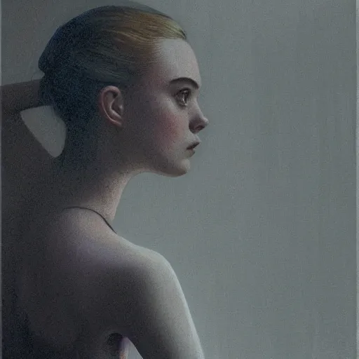 Image similar to silhouette of a Elle Fanning gazing in a mirror, pitch black room, extremely detailed realist masterpiece, oil on canvas, low-key neon lighting, artstation, Blade Runner 2049, Roger Deakin’s cinematography, by J. C. Leyendecker and Adam Miller,