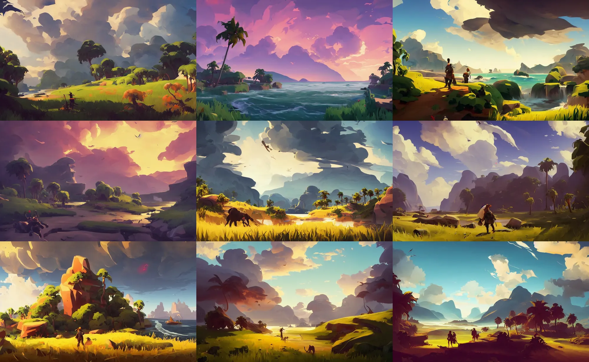 Image similar to landscape painting by sargent painting treasure on sea of thieves game smooth median photoshop filter cutout vector, behance hd by jesper ejsing, by rhads, makoto shinkai and lois van baarle, ilya kuvshinov, rossdraws global illumination adove low clouds sky image overcast