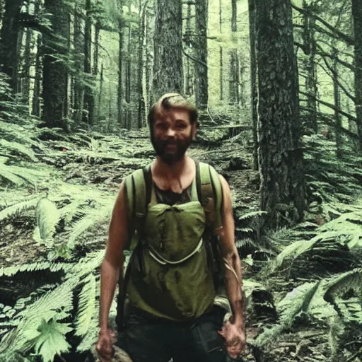 Prompt: a polaroid picture of a hiker in a forest before he went missing there is a wendigo hiding in the background,