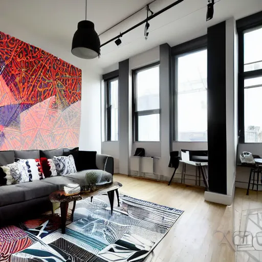 Image similar to trendy downtown loft with modern murals on the wall, modern art and patterns, interior design, beautiful architecture