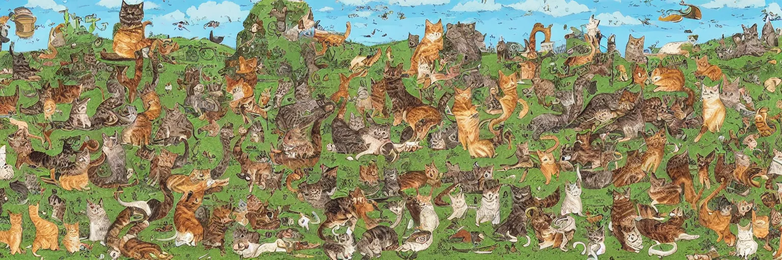 Prompt: a beautifully detailed illustration of the cat kingdom, many anthropomorphic cats enjoying a beautiful day in the countryside