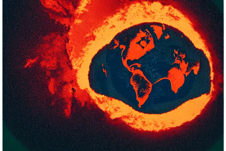 Prompt: flames surrounding planet earth in space,linocut, moody, Karolis Strautniekas, Mads Berg, stippled light, dramatic lighting,editorial illustration, detailed,fine texture, matte print,dynamic composition,blue+green+dark orange+red+dark blue+beige