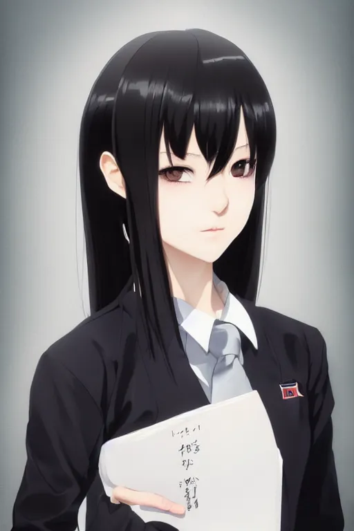 Image similar to Gorgeous japanese schoolgirl with black hair, in black uniform, very detailed eyes. By ilya kuvshinov, krenz cushart, Greg Rutkowski, trending on artstation