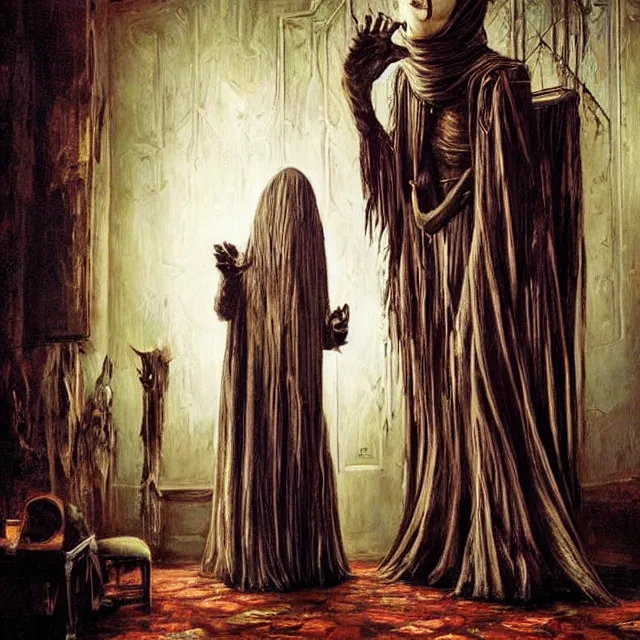 Image similar to a strange creature greeting a female explorer in a dining room, haunted house, masterpiece, detailed human face, rhads!!!, magical realism, urban fantasy, a hooded figure, a fierce woman, ( h. r. giger )