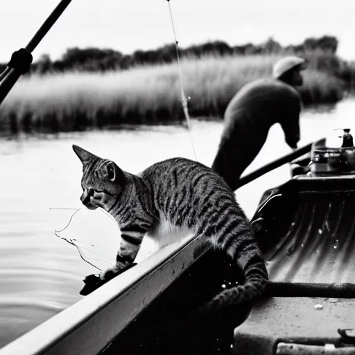 Image similar to fisherman cat, cat fishing from boat, 35 mm photo