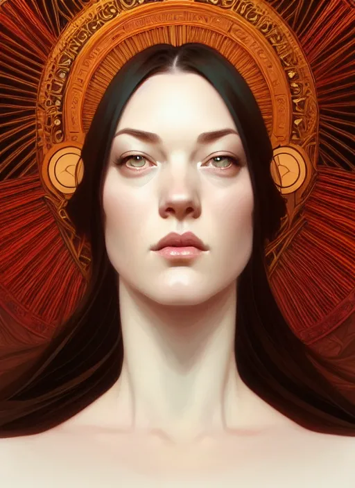 Image similar to symmetry portrait of stoya, intricate, elegant, highly detailed, digital painting, artstation, concept art, smooth, sharp focus, illustration, art by artgerm and greg rutkowski and alphonse mucha, 8 k