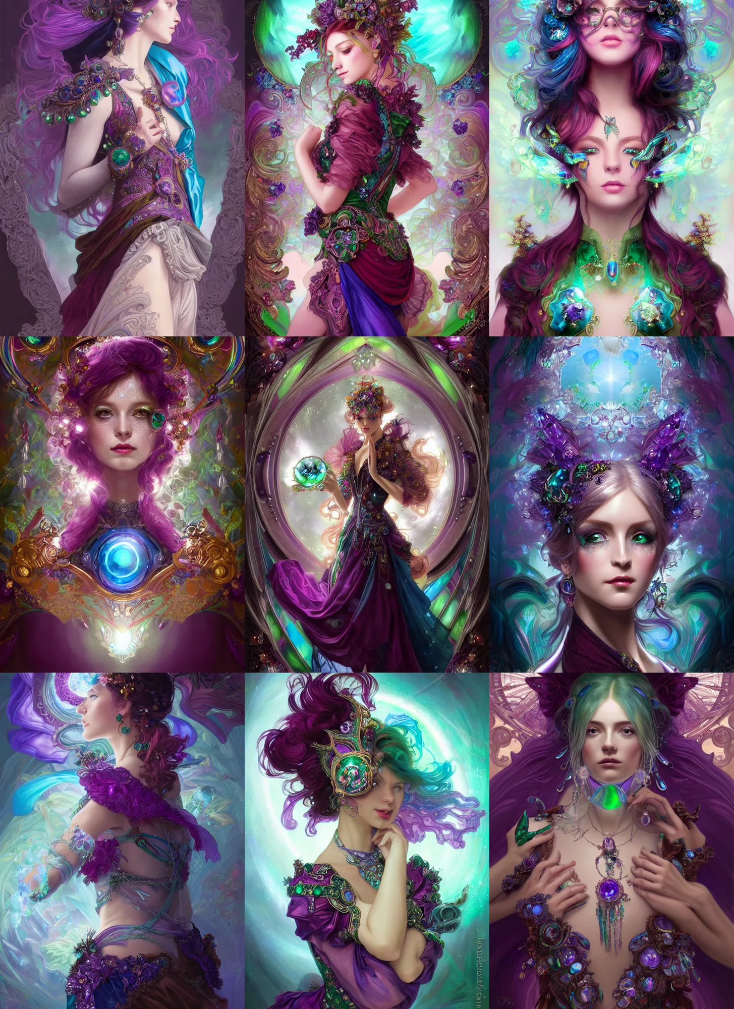 Prompt: ecopunk rococo, iridescent diaphanous refractive and reflective crystal crystalline pearly, burgundy and emerald and amethyst and blue topaz colors, fantasy, intricate, elegant, highly detailed, digital painting, artstation, concept art, matte, sharp focus, illustration, hearthstone, art by artgerm and greg rutkowski and alphonse mucha