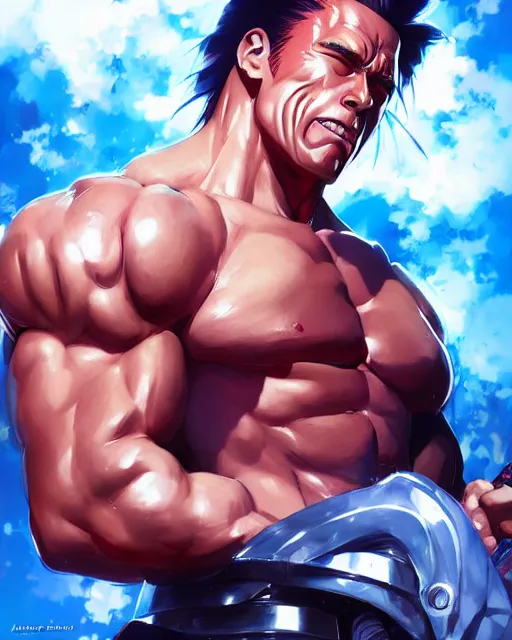 Prompt: anime portrait of Arnold Schwarzenegger as an anime man by Stanley Artgerm Lau, WLOP, Rossdraws, James Jean, Andrei Riabovitchev, Marc Simonetti, and Sakimichan, trending on artstation