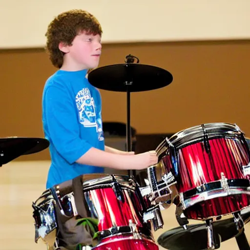 Image similar to the coolest kid in middleschool performing a super drum solo at the talent show