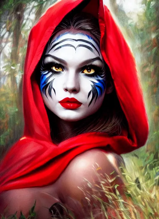 Image similar to photo of a gorgeous Beautiful face Portrait of Little Red Riding Hood with a lightning panther, face painting, woman in the style of stefan kostic, wild, realistic, sharp focus, 8k high definition, insanely detailed, intricate, elegant, art by stanley lau and artgerm