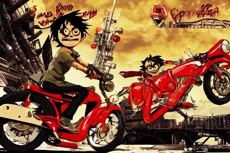 Image similar to italian pizza, akira's motorcycle, gorillaz, flyer, 4k