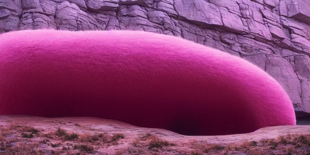 Image similar to a strange huge translucent pvc inflated organic architecture building with pink fluffy fur inside by anish kapoor sits in the rock mountains, film still from the movie directed by denis villeneuve with art direction by zdzisław beksinski, close up, telephoto lens, shallow depth of field