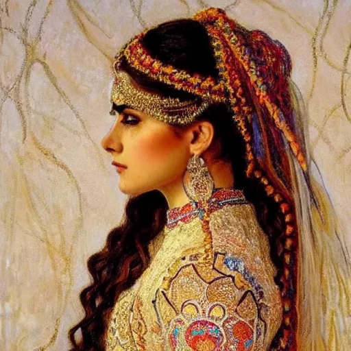 Image similar to full body portrait of a beautiful Kurdish bride wearing a beautiful wedding dress, very detailed eyes, hyperrealistic, beautiful and symmetrical face, very detailed painting by Claude Monet and Alphonse Mucha, ornate, trending on artstation, extremely high detail, incredibly intricate