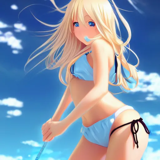 Prompt: a very beautiful young anime giantess, full body, long wavy blond hair, sky blue eyes, full round face,, bikini, miniskirt, front view, mid - shot, highly detailed, cinematic wallpaper by stanley artgerm lau