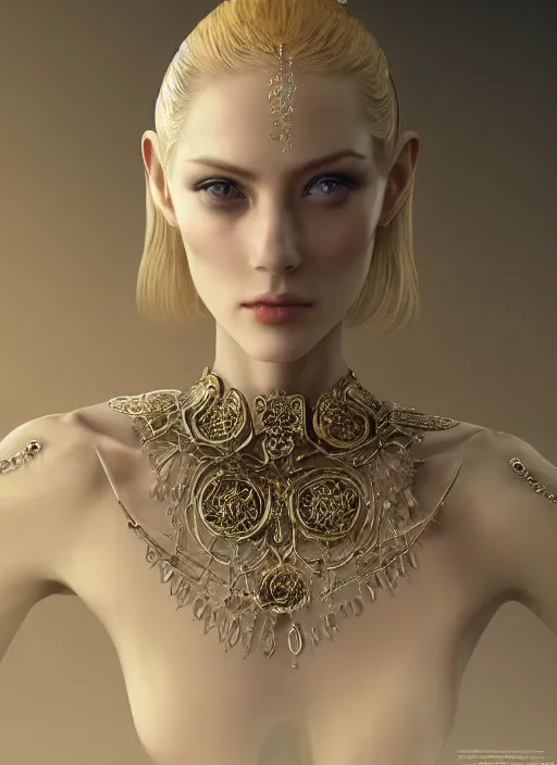 Prompt: realistic character concept, porcelain skin woman with lots of jewelry in the face, elegant pose, scifi, illustration, slender symmetrical face and body, artstation, cinematic lighting, hyperdetailed, cgsociety, 8 k, high resolution, charlie bowater, natalie shau, single face, insanely detailed and intricate, beautiful, elegant, golden ratio, artdeco