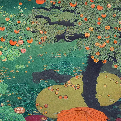 Image similar to Rain, Leaves, Fruit, Flowers, Arboreal, majestic rivers of crystalized color, 8K by Hokusai, Klimt, Dan Mumford and Tom Whelan