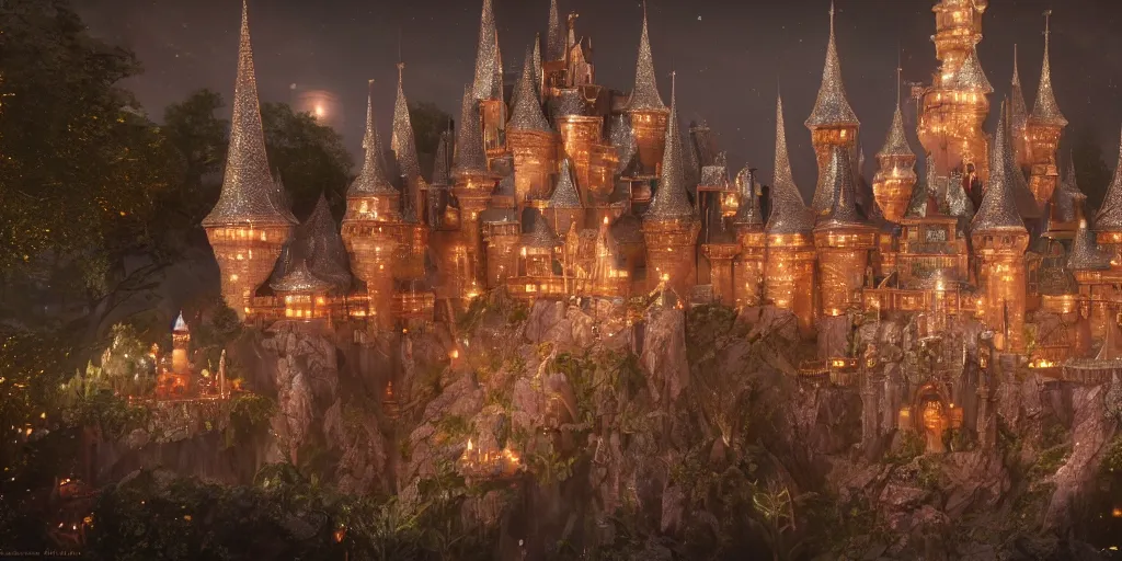 Image similar to a glittering fantasy castle at night with grand delicate walkways, extremely detailed, Behrens style, digital art, octane render, beautiful composition, trending on artstation, masterpiece