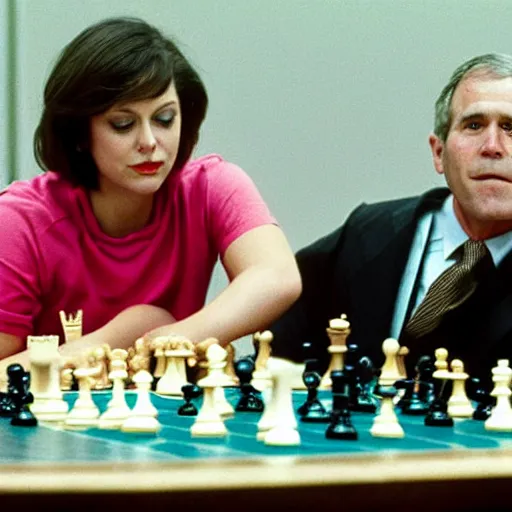 Image similar to actress rachel bloom playing chess against president george w. bush, 4 th game of world chess championship 1 9 8 4, digital photograph getty images dslr