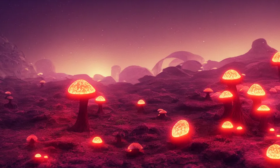 Image similar to bioluminescent mushrooms on an alien landscape with spores of glowing light, atmospheric lighting, octane 3d render, 4k wallpaper